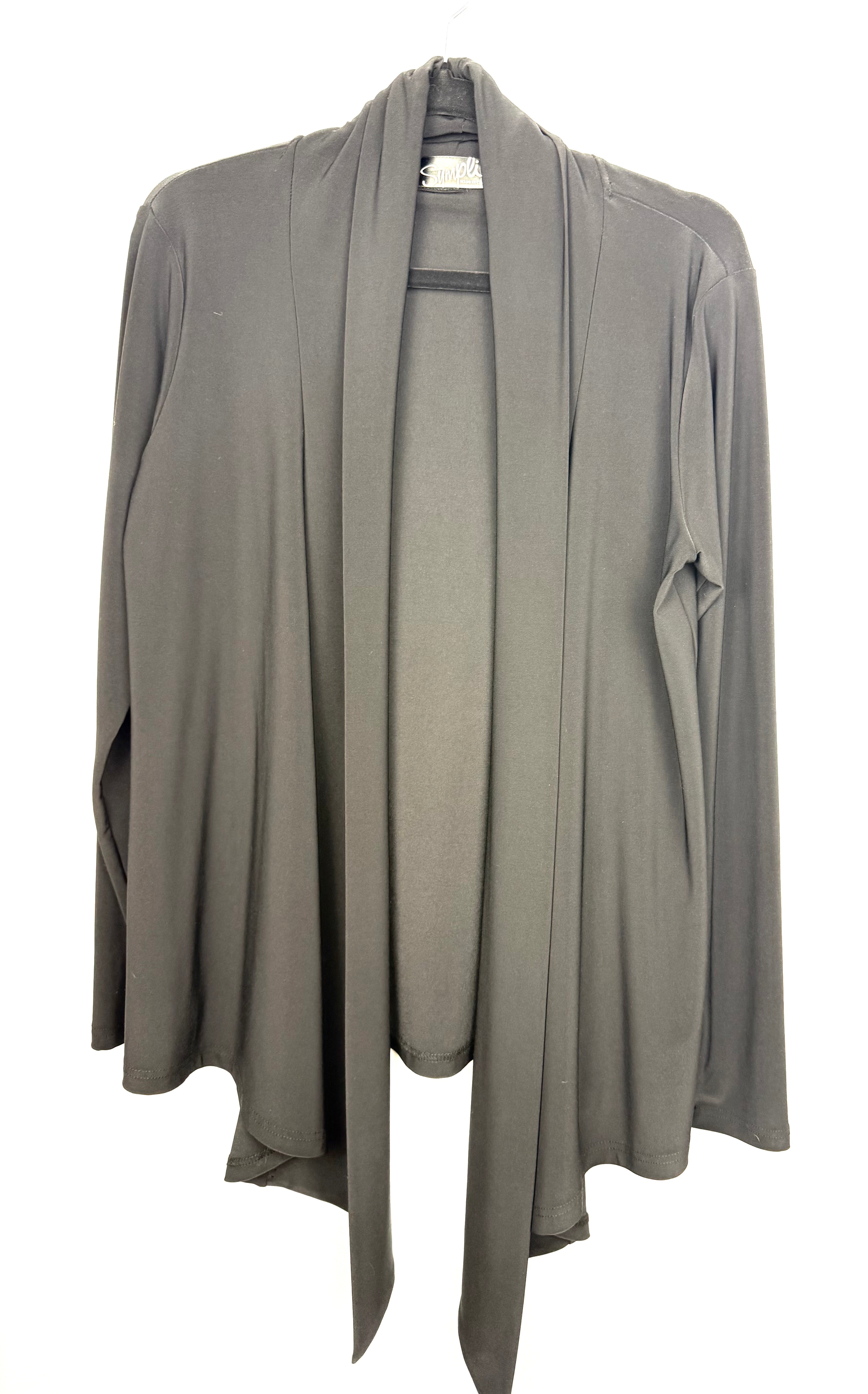 Sympli Waterfall Front Open Jacket in black on hanger