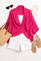 Made in Canada Parkhurst Draped Wrap Cape | One Size at Blue Sparrow Shop flatlay on white shorts, tank with sandals and bag