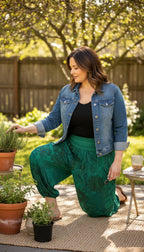 Made in Italy Boho comfy Pants | One Size  at Blue Sparrow Shop  on woman in garden wearing denim jacket 