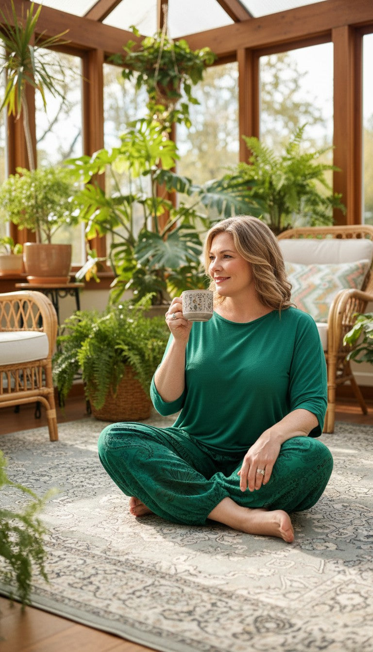 Made in Italy Boho comfy Pants | One Size  at Blue Sparrow Shop on woman sitting cross legged in sunroom 