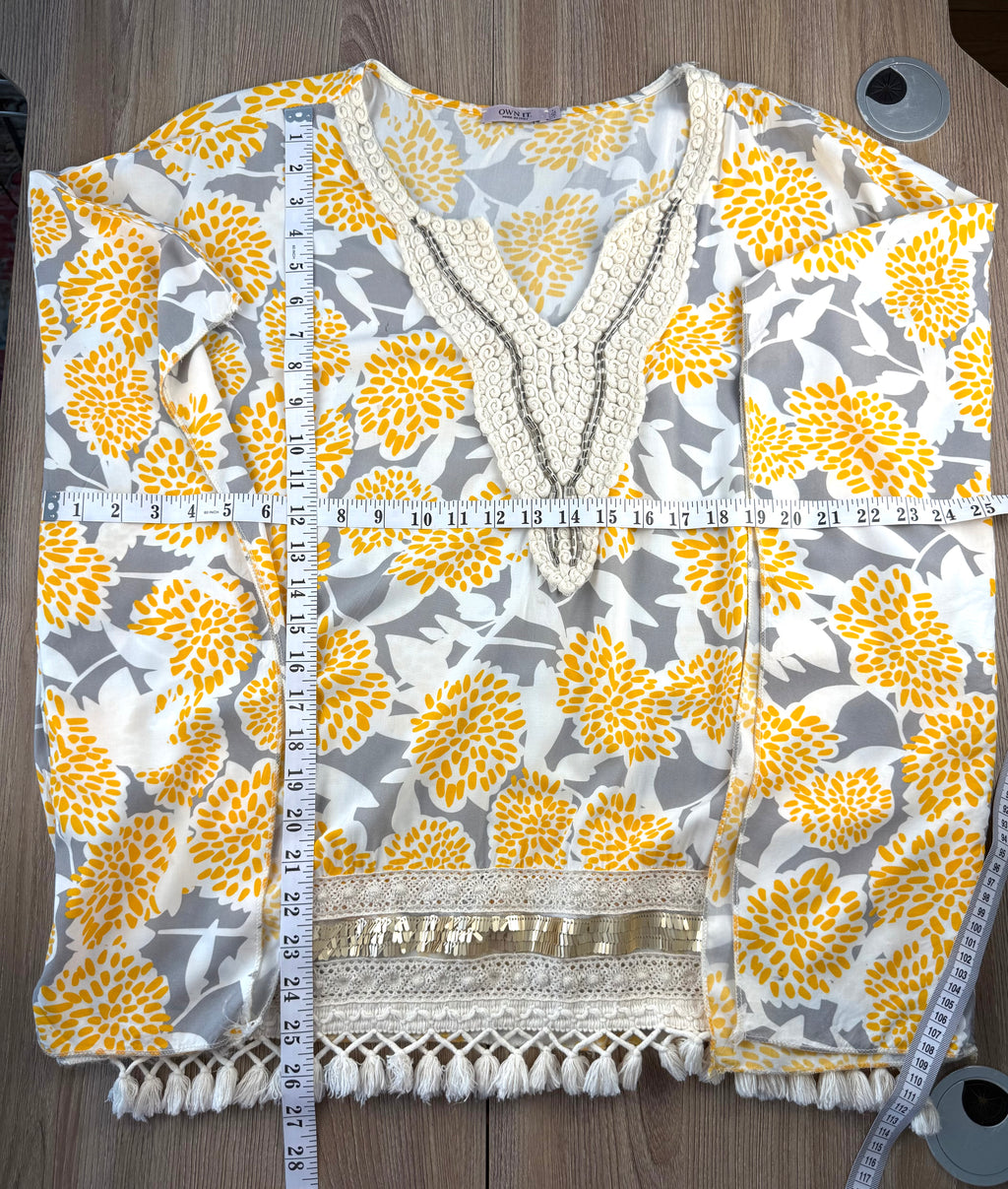 Made in Italy Boho floral kaftan top with yellow and cream print, crochet V neckline, and tassel hem, lightweight Italian viscose blouse measuring 50" bust and approx 27" shoulder to hem 