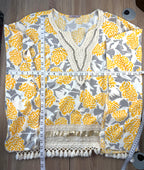 Made in Italy Boho floral kaftan top with yellow and cream print, crochet V neckline, and tassel hem, lightweight Italian viscose blouse measuring 50" bust and approx 27" shoulder to hem 