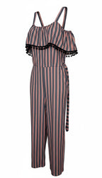 Made in Italy Cotton Linen Stripe Wide-Leg Jumpsuit — Denim Blue, Red & White | Pom-Pom Trim | Size M at Blue Sparrow Shop 