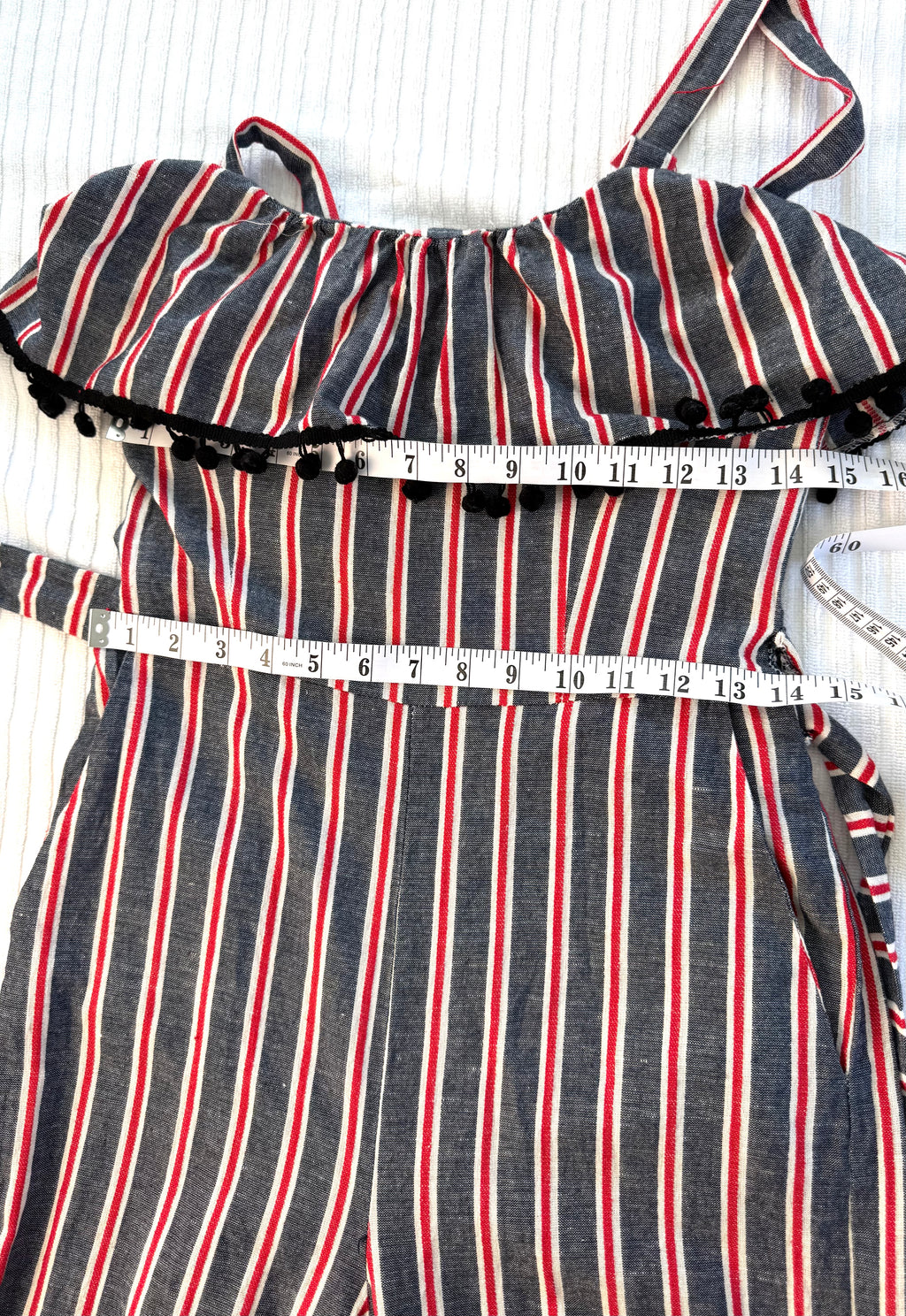 Made in Italy Cotton Linen Stripe Wide-Leg Jumpsuit — Denim Blue, Red & White | Pom-Pom Trim | Size M at Blue Sparrow Shop  measuring 28" bust and 28" waist 