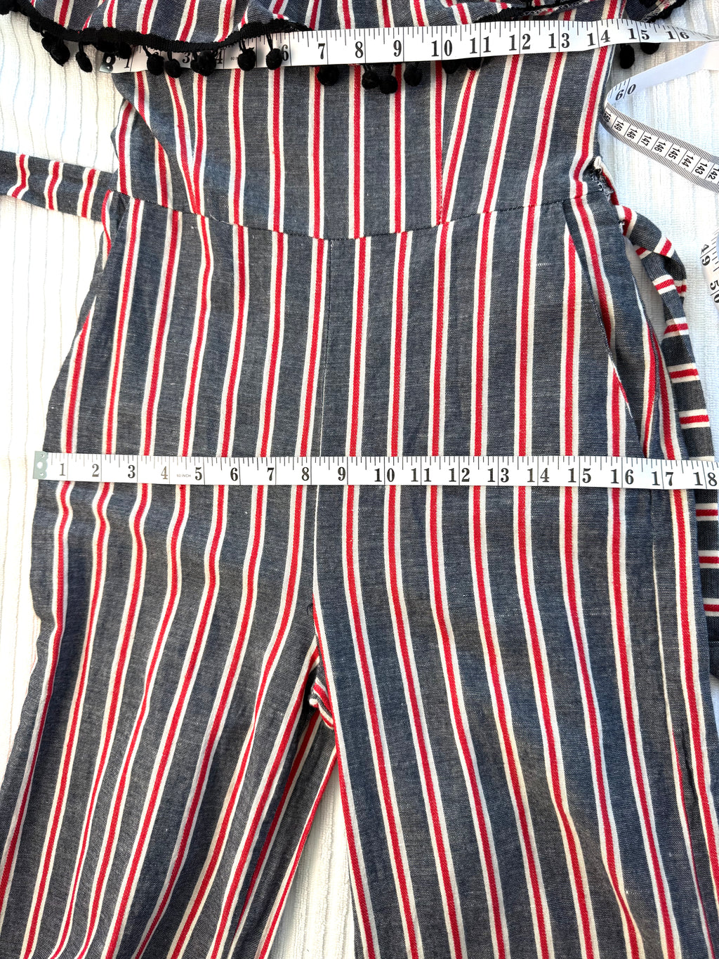 Made in Italy Cotton Linen Stripe Wide-Leg Jumpsuit — Denim Blue, Red & White | Pom-Pom Trim | Size M at Blue Sparrow Shop  measuring 28" bust and 34" hips 