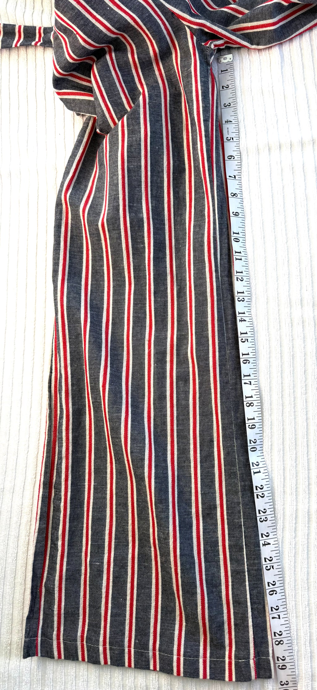 Made in Italy Cotton Linen Stripe Wide-Leg Jumpsuit — Denim Blue, Red & White | Pom-Pom Trim | Size M at Blue Sparrow Shop  measuring 29.5" inseam