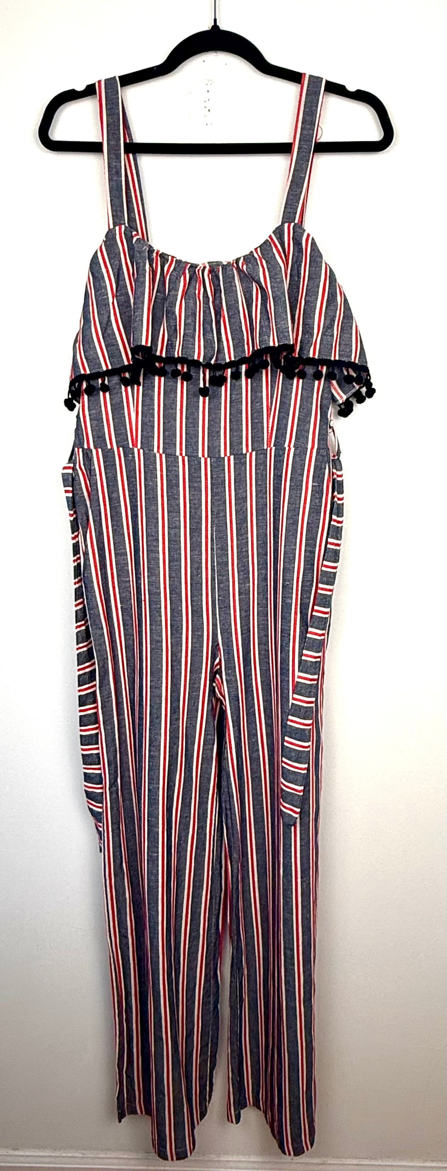 Made in Italy Cotton Linen Stripe Wide-Leg Jumpsuit — Denim Blue, Red & White | Pom-Pom Trim | Size M at Blue Sparrow Shop  on hanger