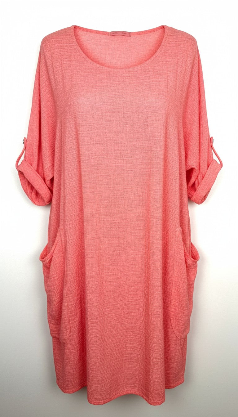 Made in Italy Linen Cotton Washed Coral Tunic Dress — Roll-Tab Sleeves, Patch Pockets | One Size Large at Blue Sparrow Shop Resale Reimagined 