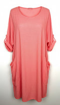 Made in Italy Linen Cotton Washed Coral Tunic Dress — Roll-Tab Sleeves, Patch Pockets | One Size Large at Blue Sparrow Shop Resale Reimagined 
