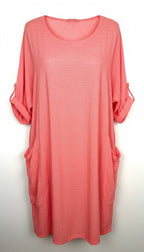 Made in Italy Linen Cotton Washed Coral Tunic Dress — Roll-Tab Sleeves, Patch Pockets | One Size Large at Blue Sparrow Shop Resale Reimagined 