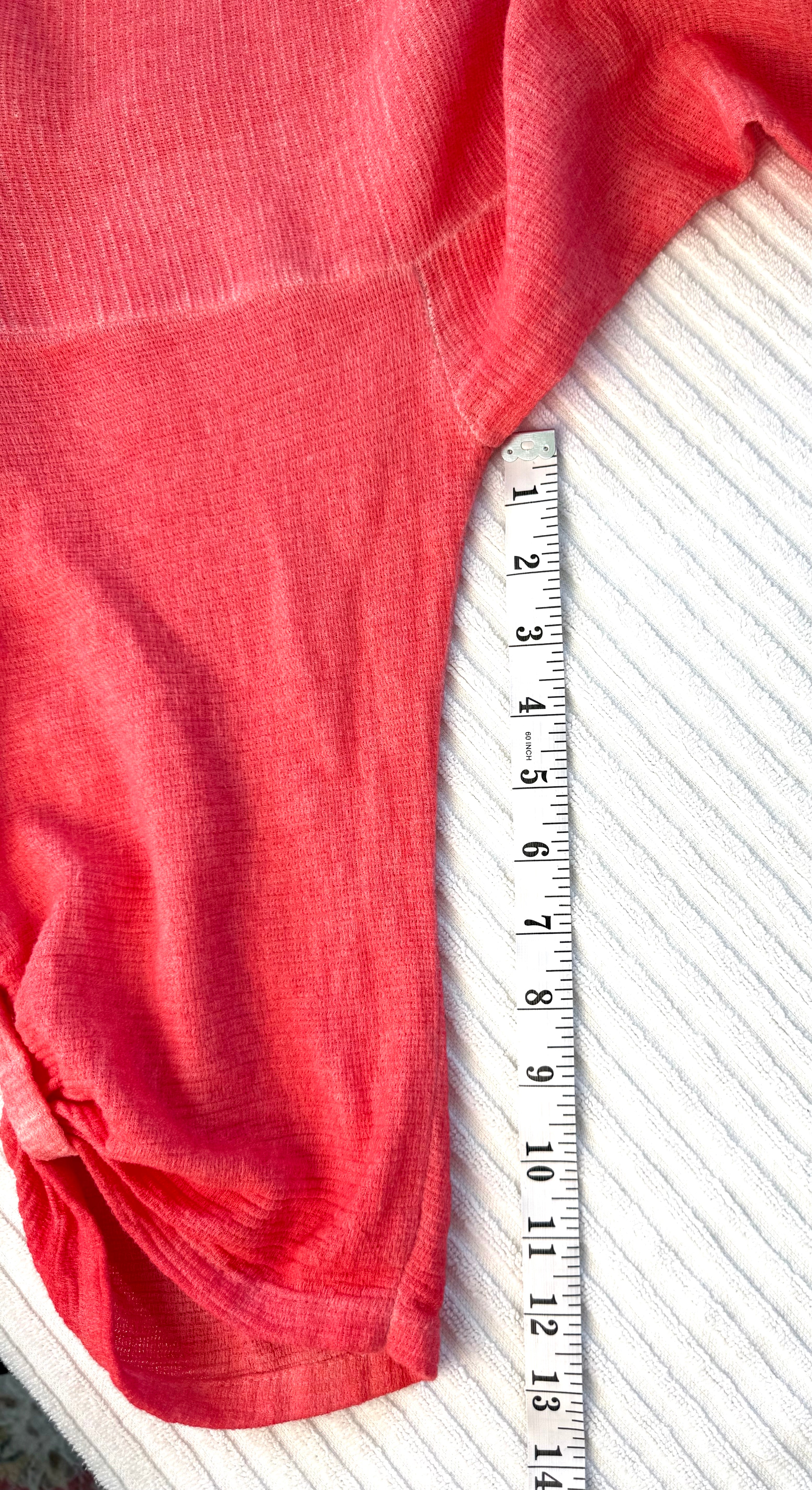 Made in Italy Linen Cotton Washed Coral Tunic Dress — Roll-Tab Sleeves, Patch Pockets | One Size Large at Blue Sparrow Shop Resale Reimagined  measuring 13" sleeve 