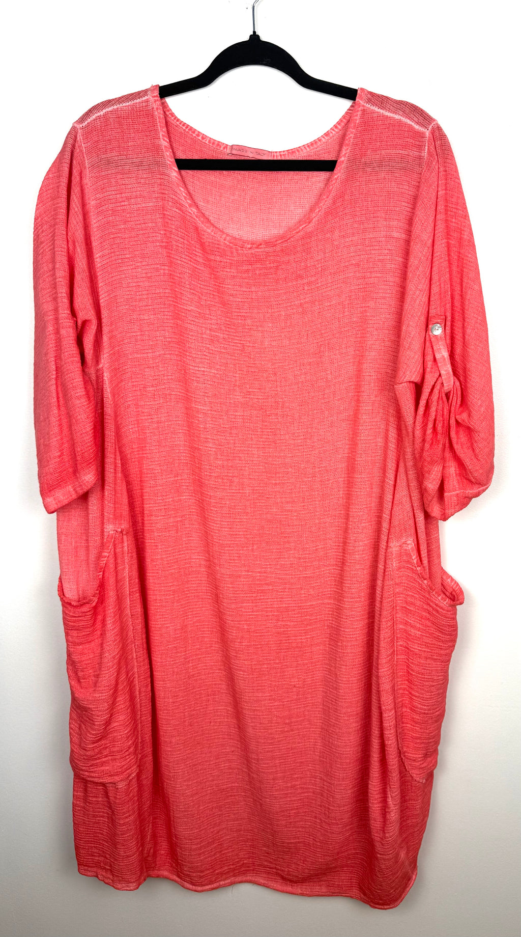 Made in Italy Linen Cotton Washed Coral Tunic Dress — Roll-Tab Sleeves, Patch Pockets | One Size Large at Blue Sparrow Shop Resale Reimagined  on hanger