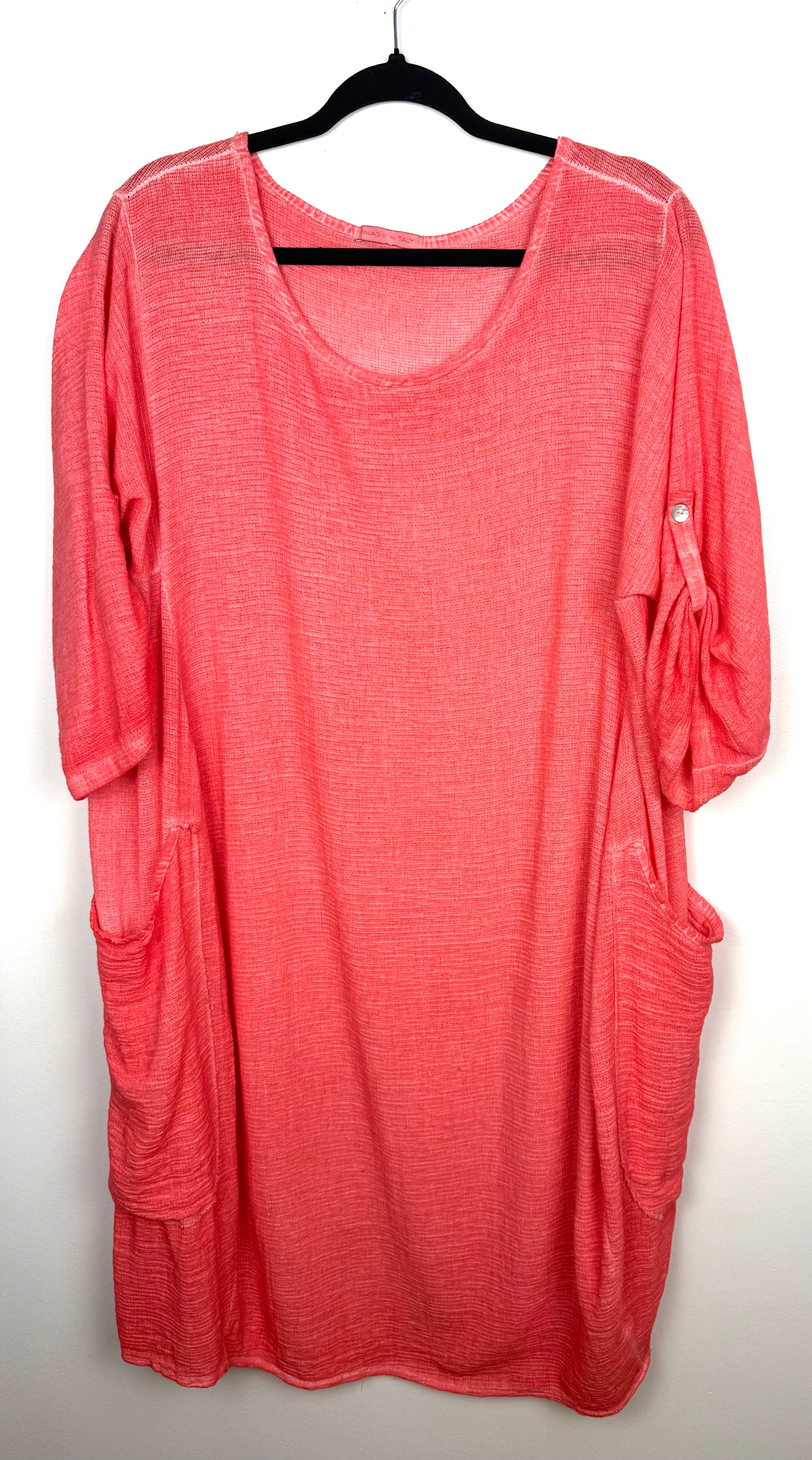 Made in Italy Linen Cotton Washed Coral Tunic Dress — Roll-Tab Sleeves, Patch Pockets | One Size Large at Blue Sparrow Shop Resale Reimagined  on hanger