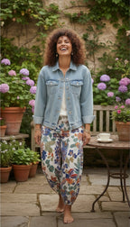 Made in Italy Tropical Boho Harem Pants | One Size  at Blue Sparrow Shop on woman outside wearing denim jacket 