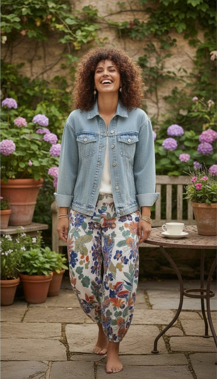 Made in Italy Tropical Boho Harem Pants | One Size  at Blue Sparrow Shop on woman outside wearing denim jacket 