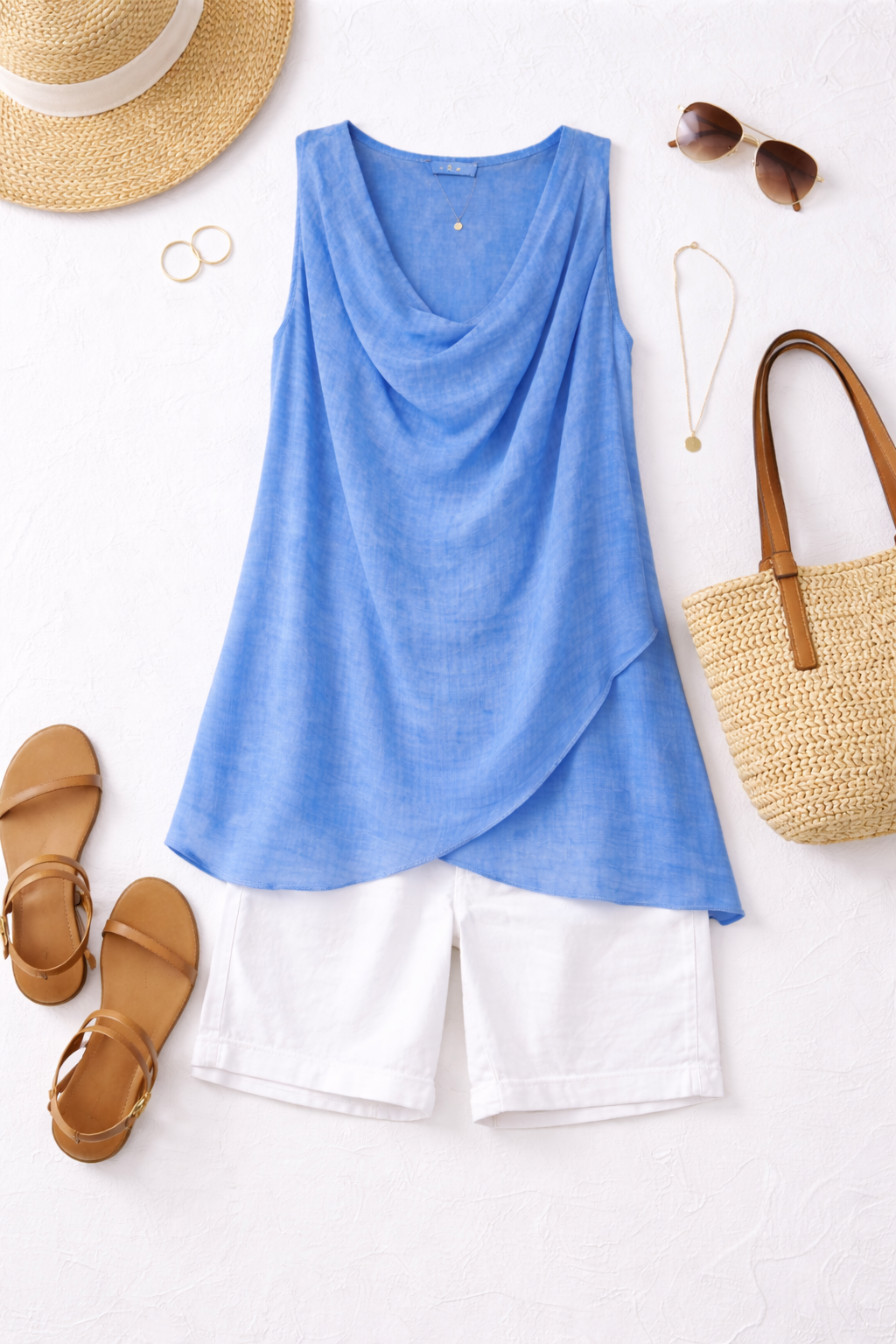 Italian-Made Draped Sleeveless Top | One Size at Blue Sparrow Shop on flatlay with white shorts, sandals and straw bag