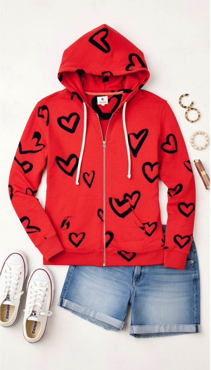Made in USA Sundry Heart Print Zip Hoodie | Size S at Blue Sparrow Shop  flatlway with white converse and denim shorts
