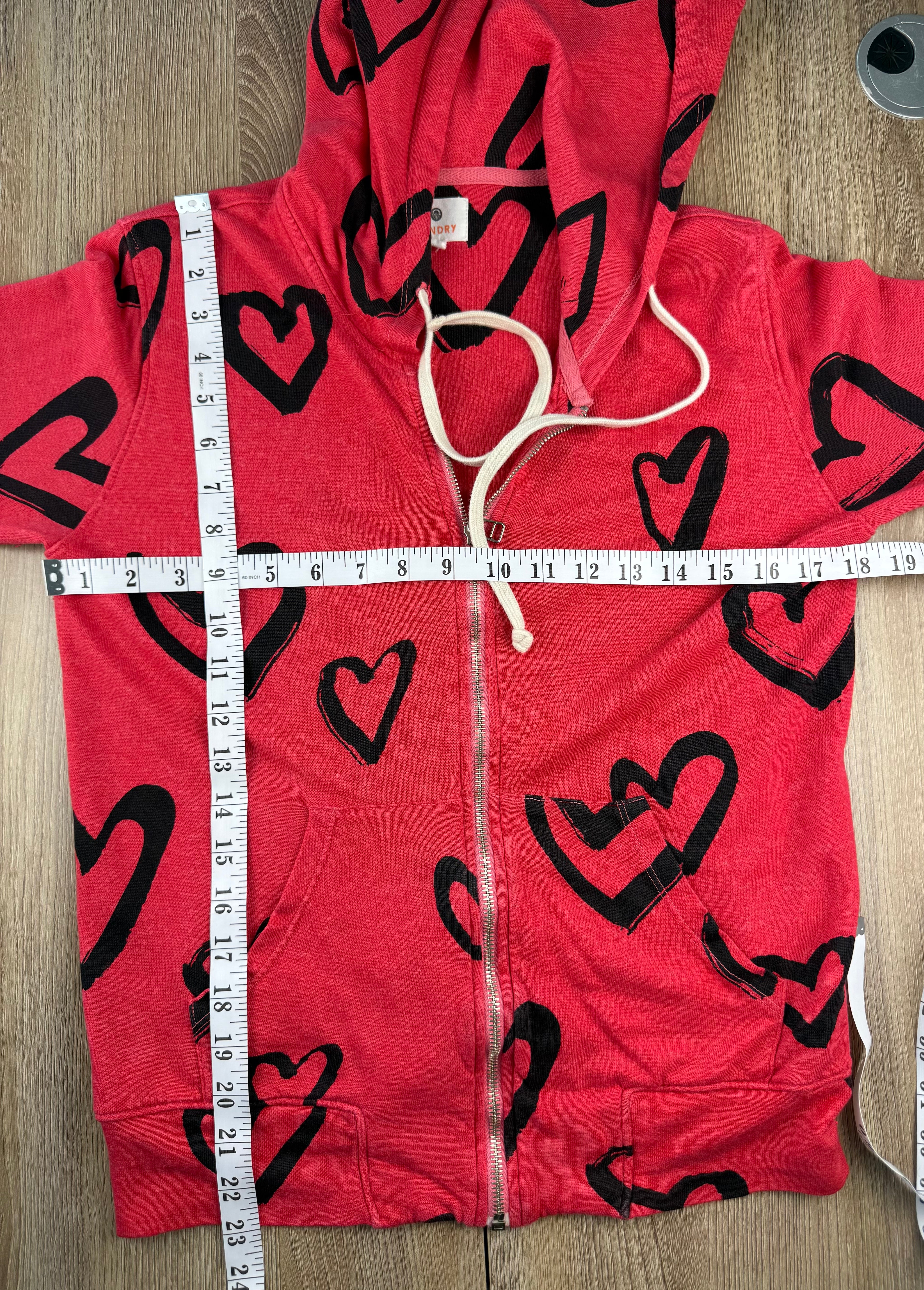 Made in USA Sundry Heart Print Zip Hoodie at Blue Sparrow Shop measuring 36" bust and 23" shoulder to hem 