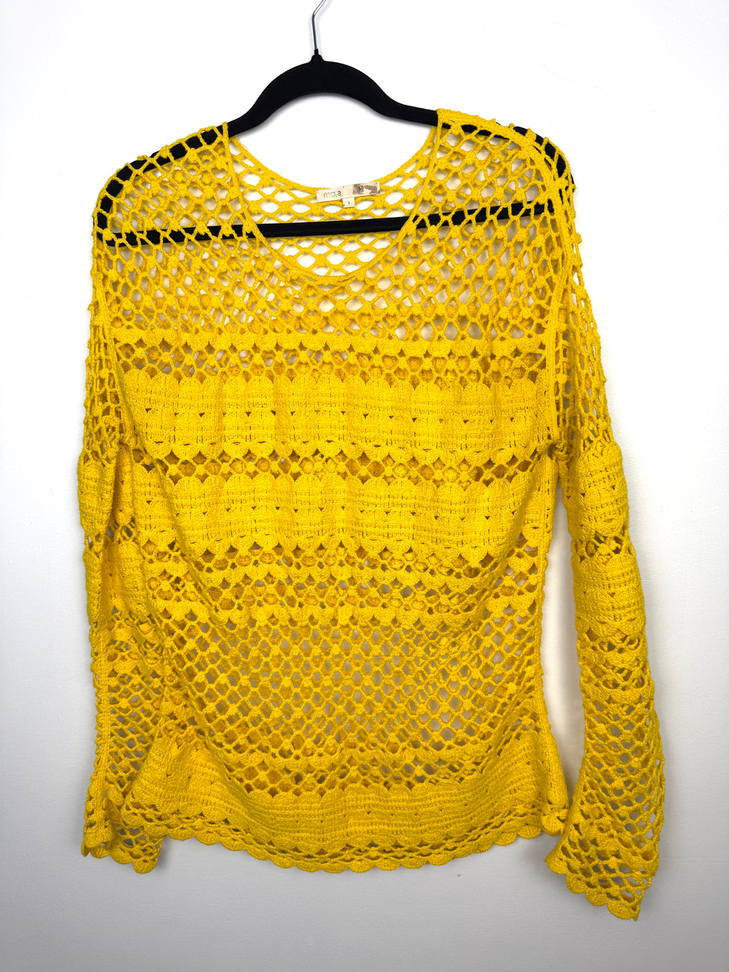 Maje Crochet Knit Boho Sweater in bright yellow  on hanger