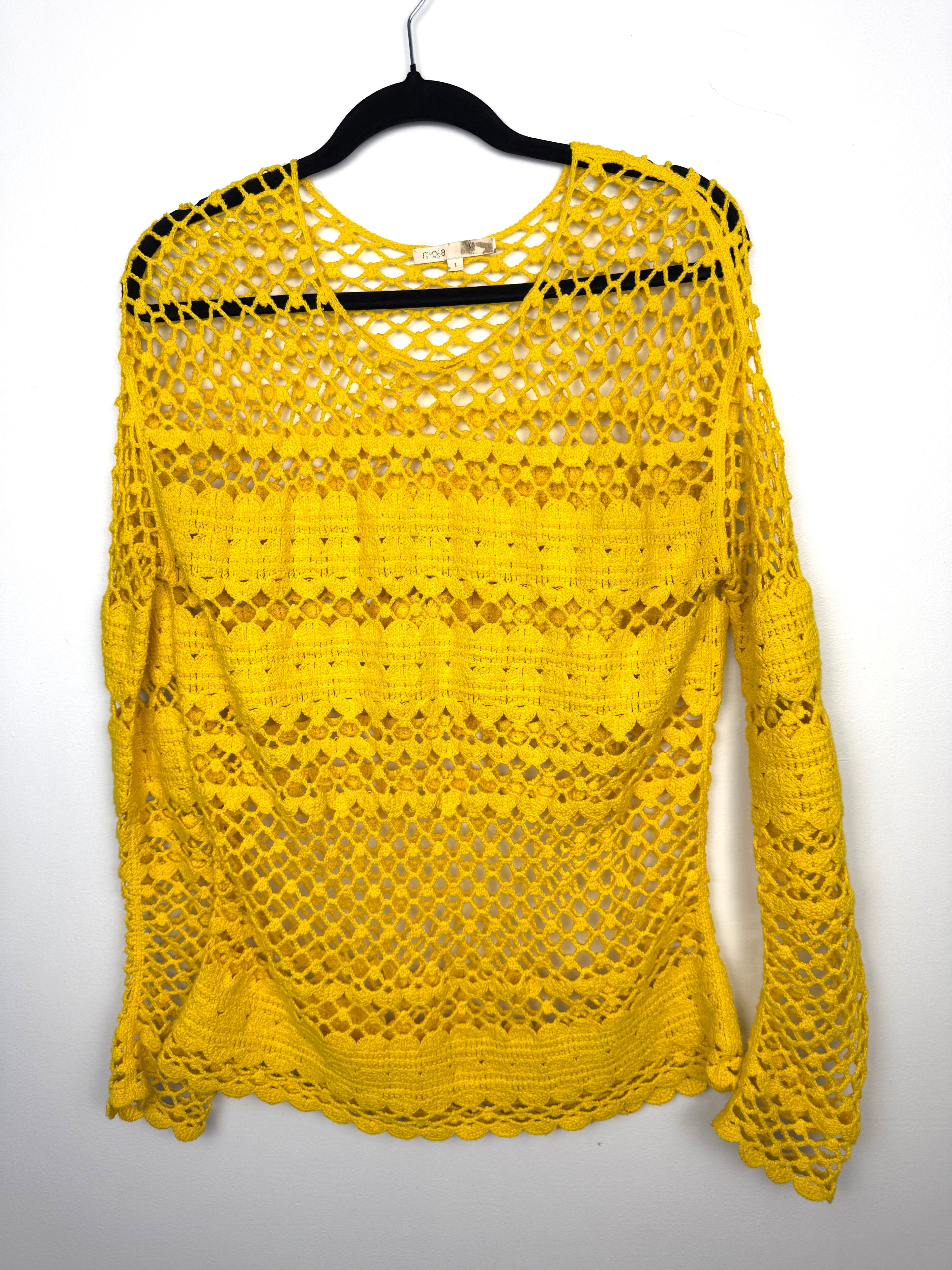 Maje Crochet Knit Boho Sweater in bright yellow  on hanger