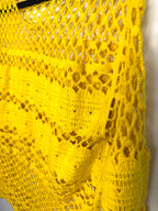 Maje Crochet Knit Boho Sweater in bright yellow close up of pattern