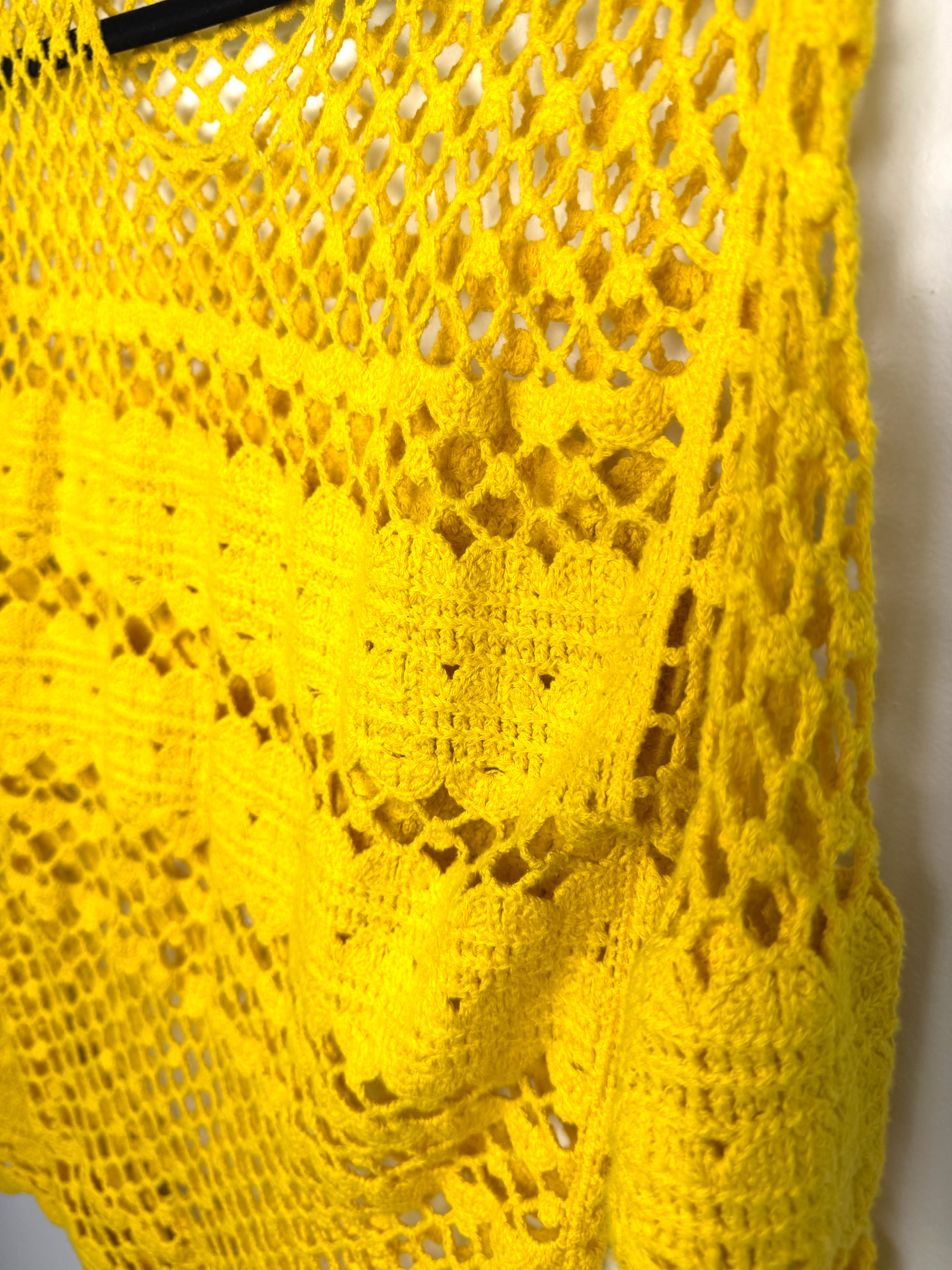 Maje Crochet Knit Boho Sweater in bright yellow close up of pattern