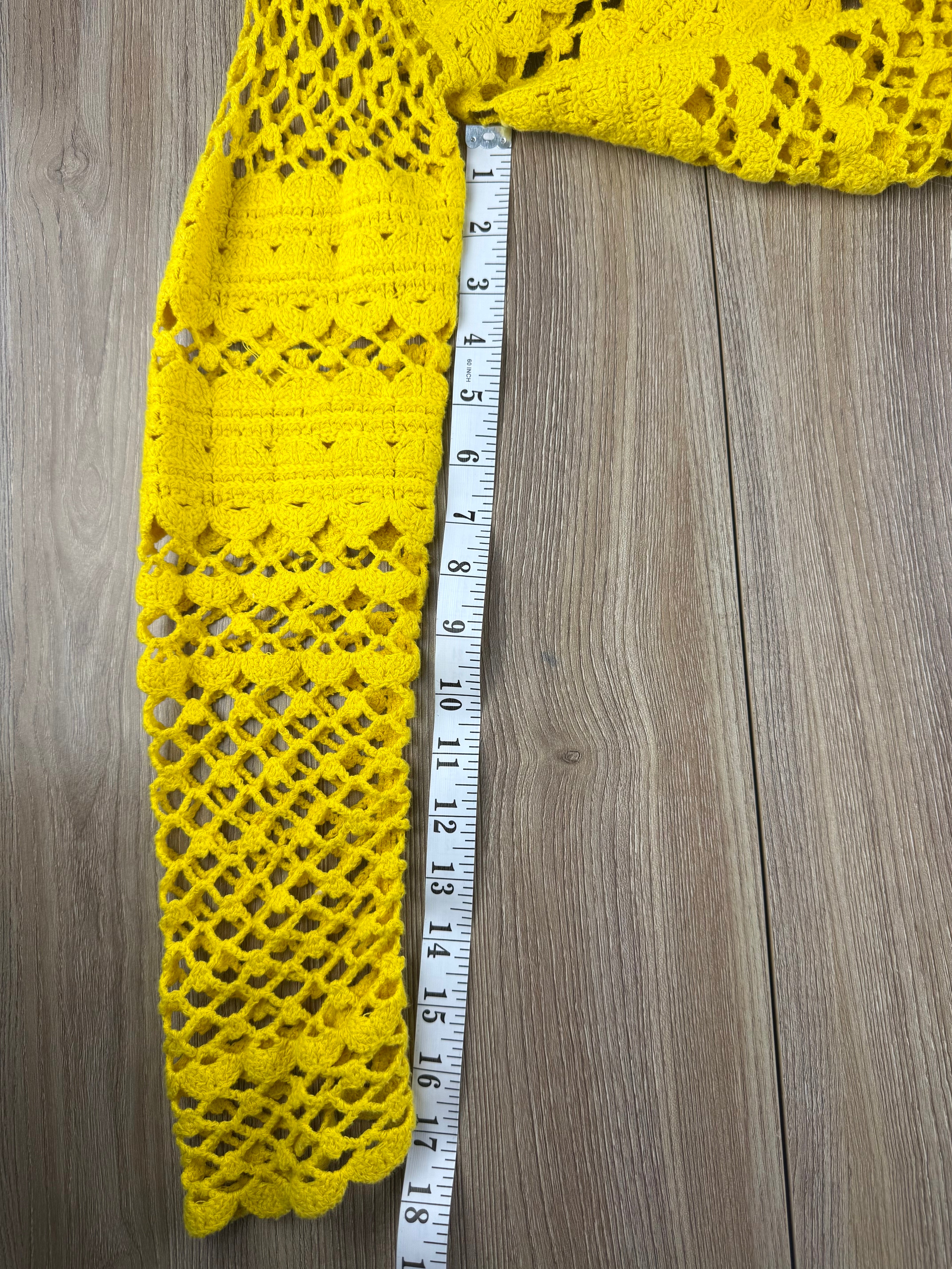 Maje Crochet Knit Boho Sweater in bright yellow measuring 18" sleeve 