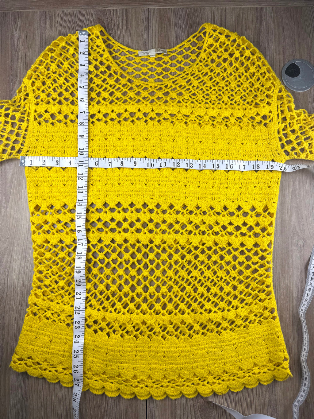Maje Crochet Knit Boho Sweater in bright yellow measuring 40" bust and 27" shoulder to hem 