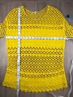 Maje Crochet Knit Boho Sweater in bright yellow measuring 40" bust and 27" shoulder to hem 