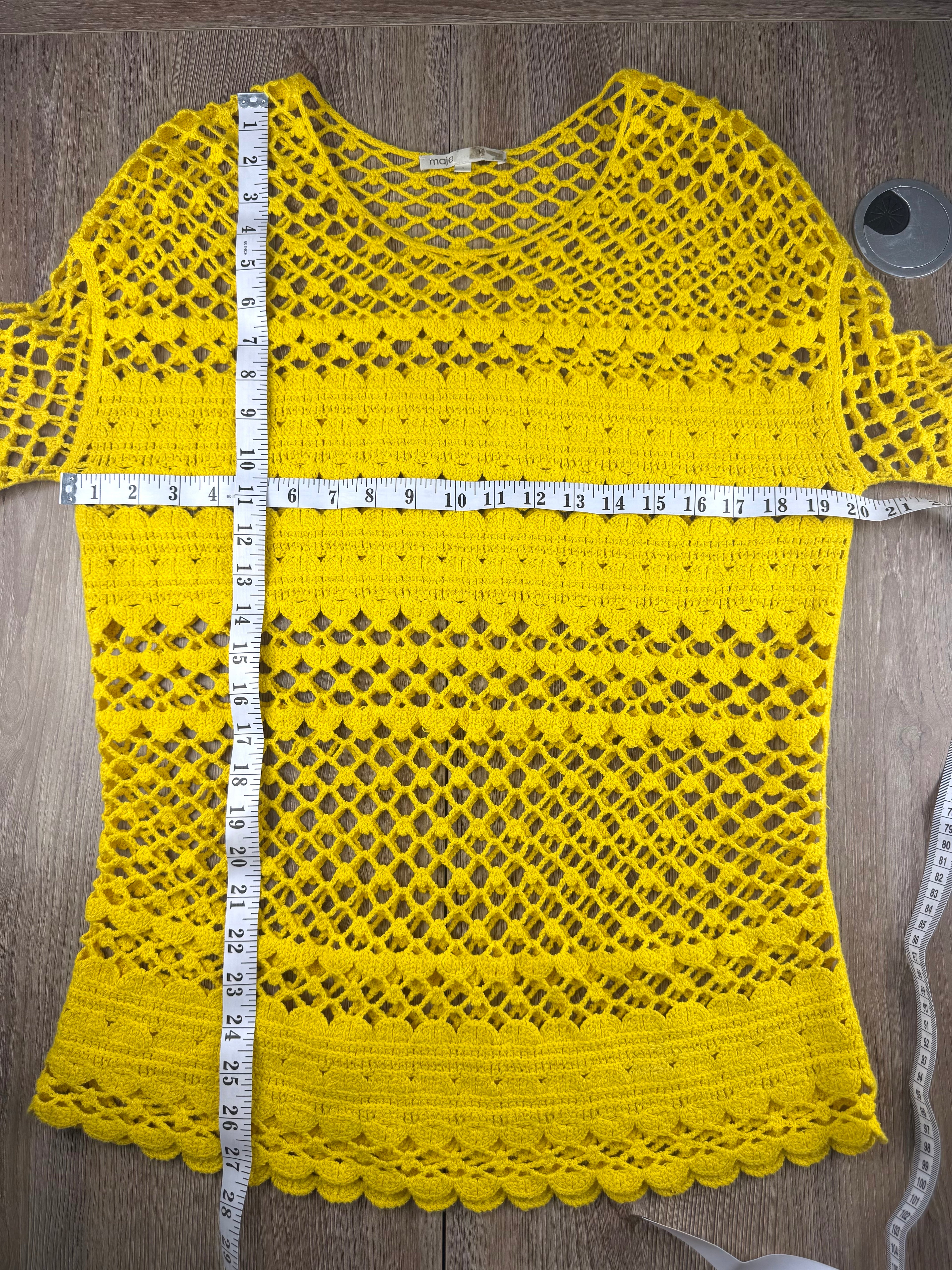 Maje Crochet Knit Boho Sweater in bright yellow measuring 40" bust and 27" shoulder to hem 