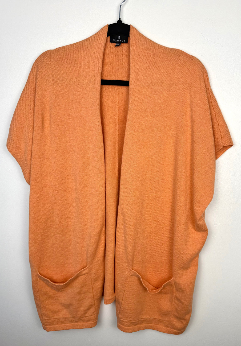 Marble UK brand knit kimono shawl or lightweight cardigan in peach on hanger