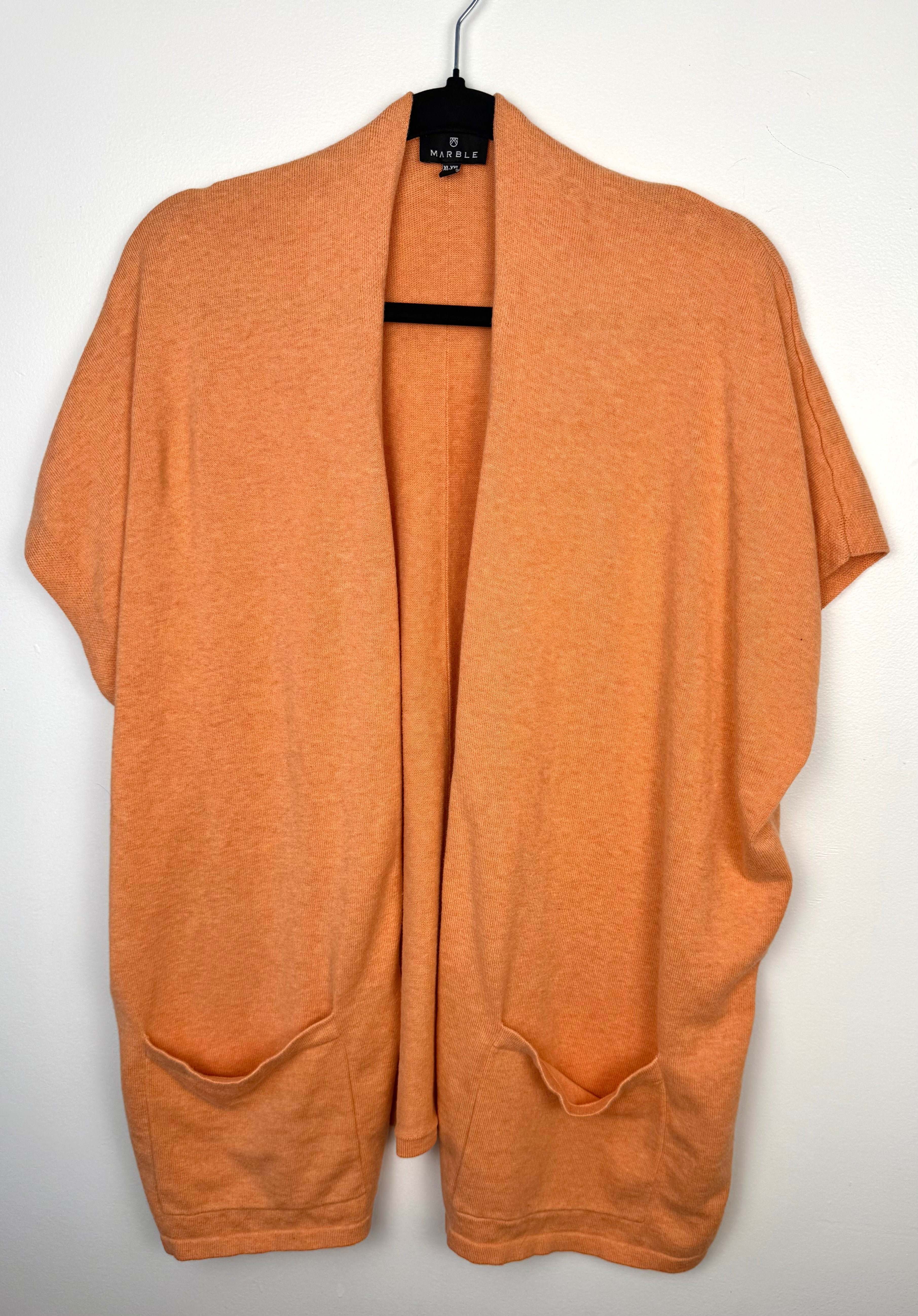 Marble UK brand knit kimono shawl or lightweight cardigan in peach on hanger