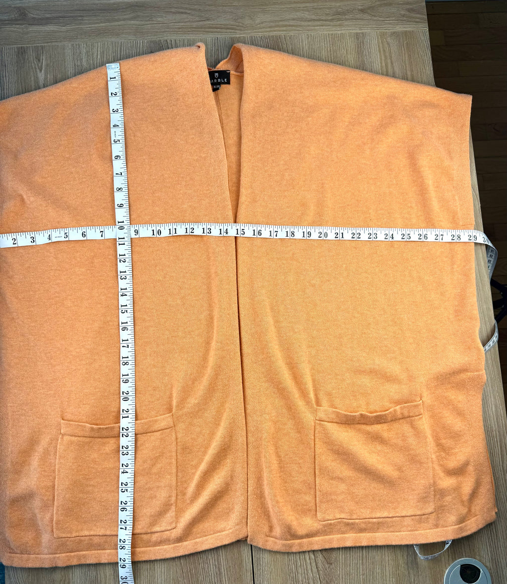 Marble UK brand knit kimono shawl or lightweight cardigan in peach measuring 58" bust and 29" shoulder to hem 