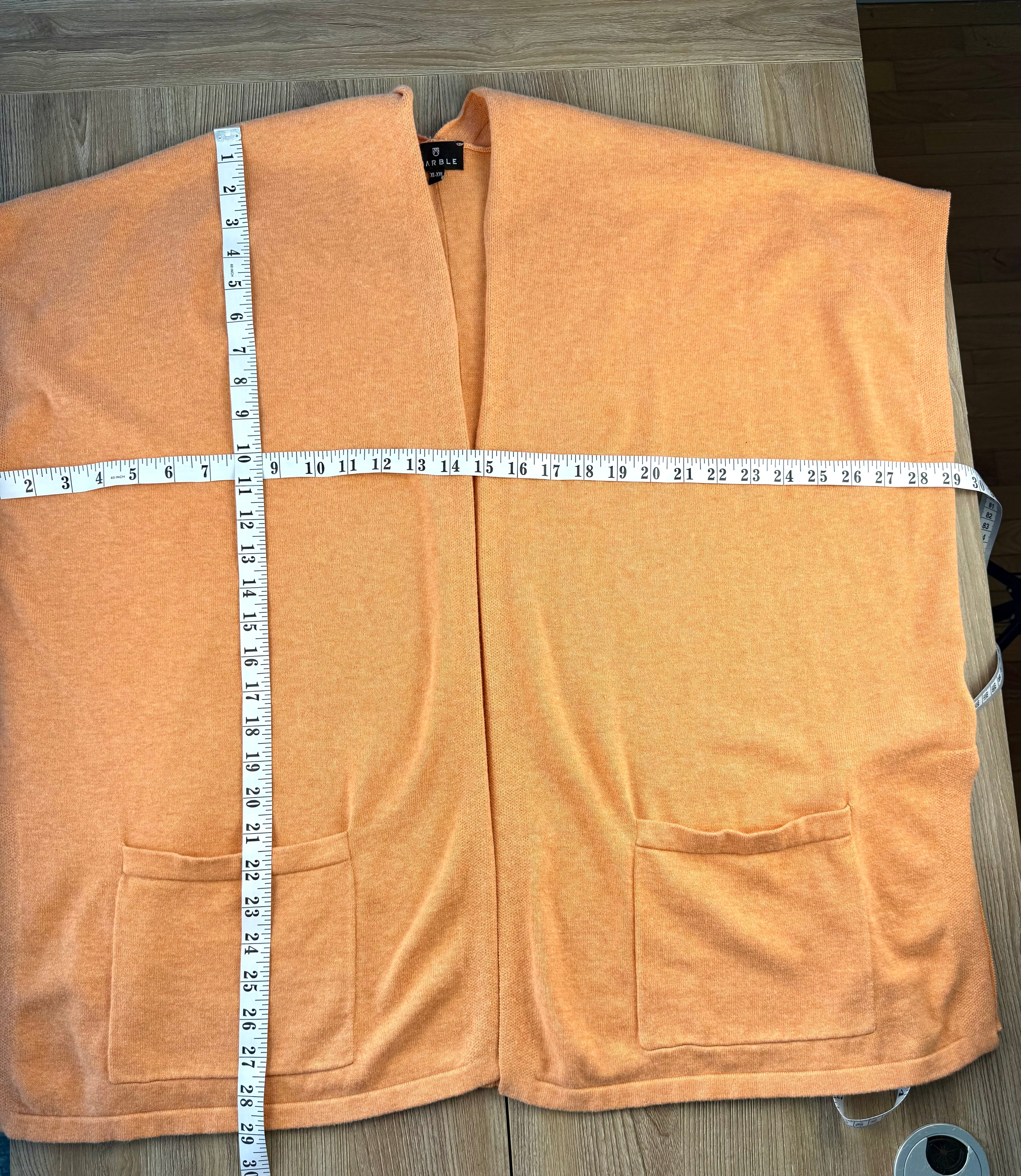 Marble UK brand knit kimono shawl or lightweight cardigan in peach measuring 58" bust and 29" shoulder to hem 