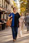 Margaret Winters Reversible Cotton Colour Block Poncho Top | One Size on woman walking outside