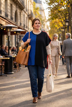 Margaret Winters Reversible Cotton Colour Block Poncho Top | One Size on woman walking outside