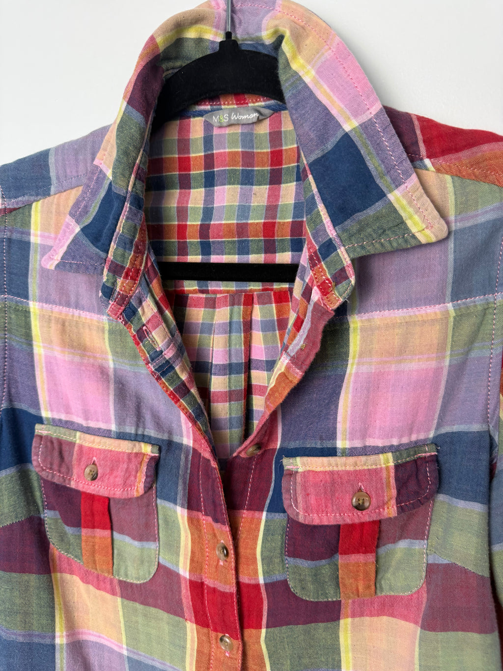 Marks & Spencer 100% Cotton Rainbow Madras Plaid Shirt  at Blue Sparrow Shop close up of collar and pockets
