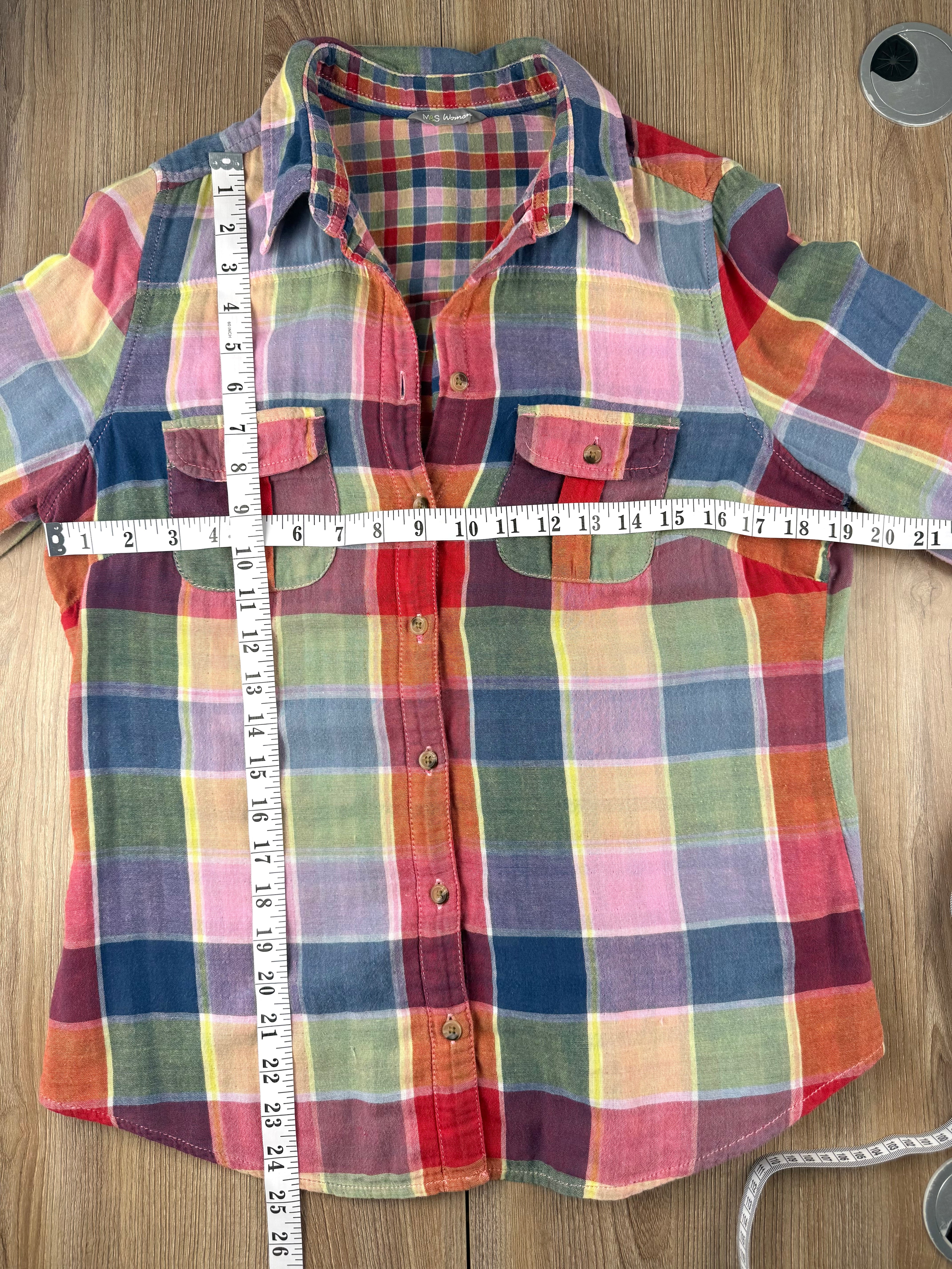 Marks & Spencer 100% Cotton Rainbow Madras Plaid Shirt  at Blue Sparrow Shop measuring 38" bust and 25" shoulder to hem