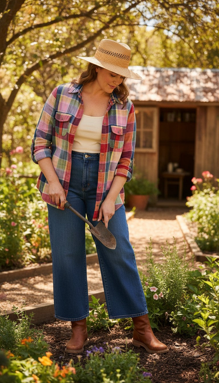 Marks & Spencer 100% Cotton Rainbow Madras Plaid Shirt  at Blue Sparrow Shop on woman in her garden