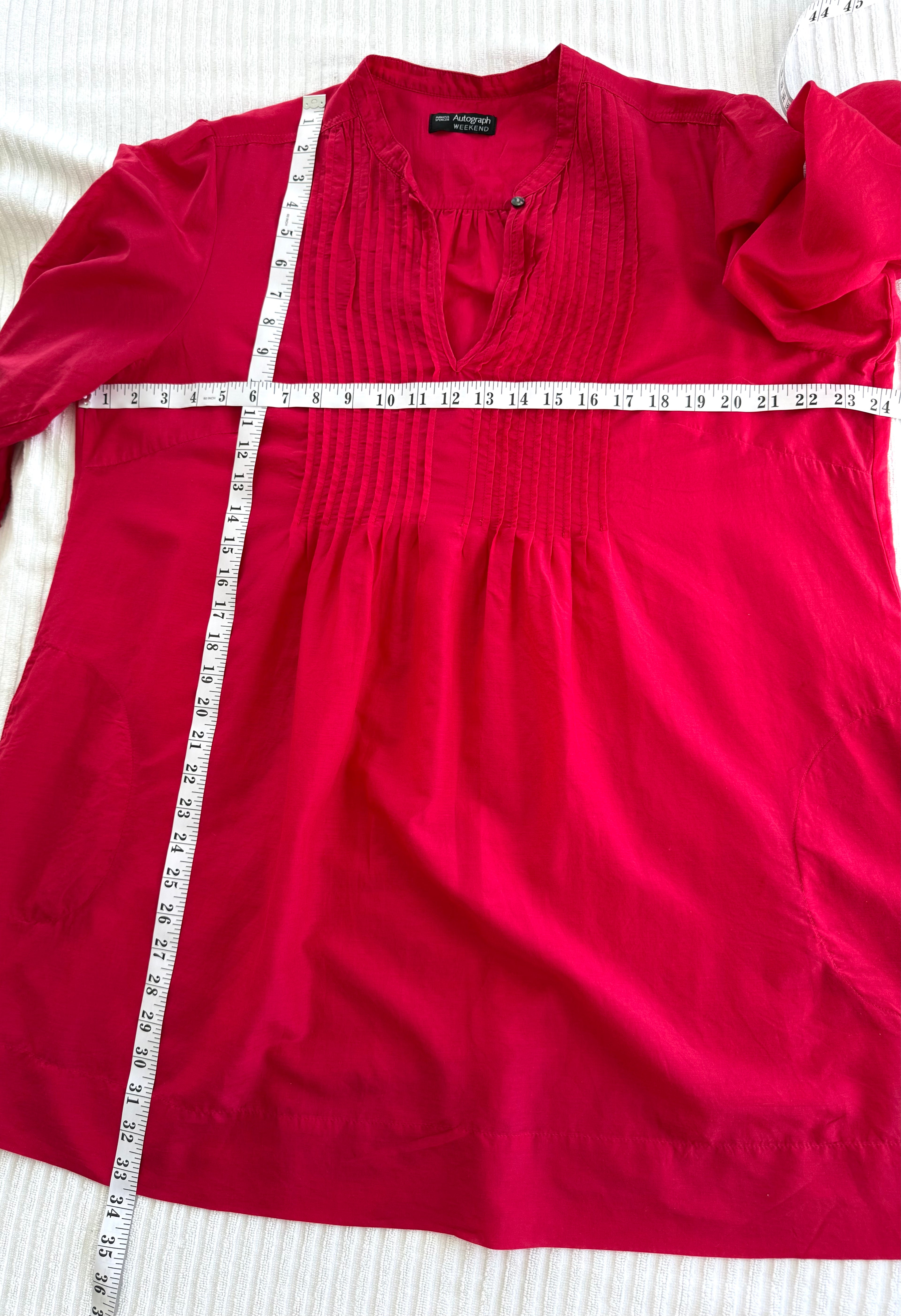 Marks & Spencer Autograph Cotton Silk Pintuck Tunic — Cyclamen Pink | 3/4 Sleeve | UK 20 (CDN 2X/18-20) at Blue Sparrow Shop  measuring 48" bust and 33" shoulder to hem 