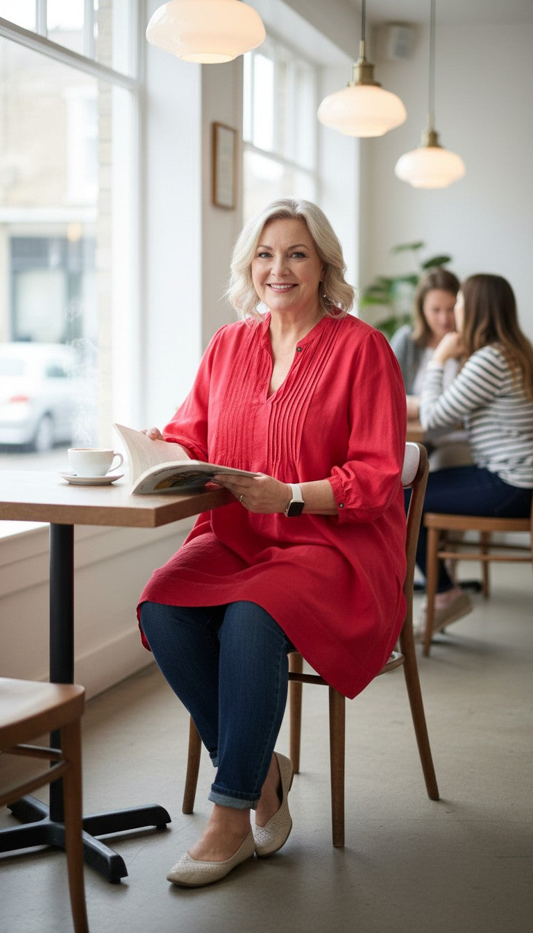 Marks & Spencer Autograph Cotton Silk Pintuck Tunic — Cyclamen Pink | 3/4 Sleeve | UK 20 (CDN 2X/18-20) at Blue Sparrow Shop  on woman reading a book at cafe