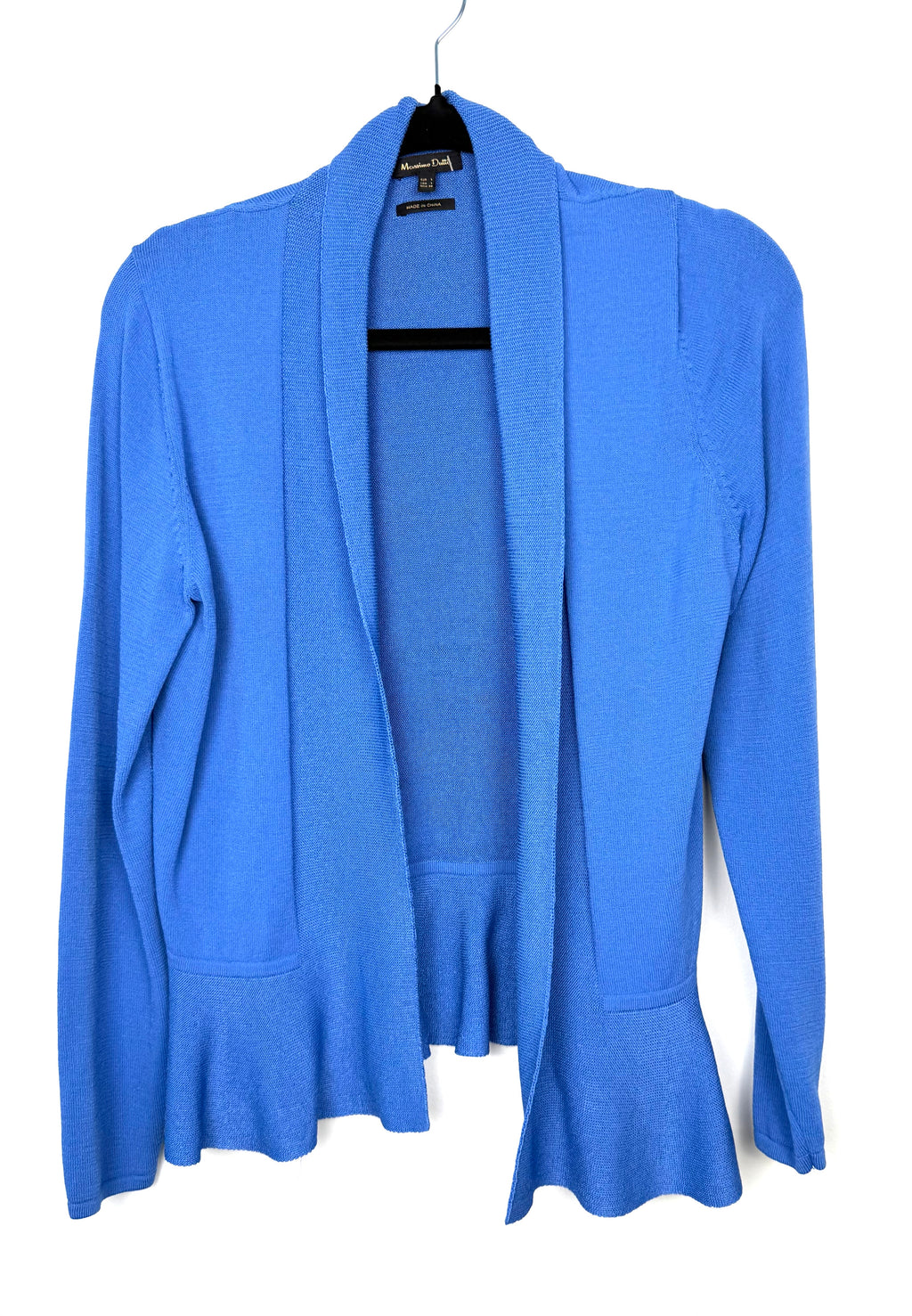 Massimo Dutti blue peplum knit cardigan minimalist open front sweater in cornflower blue with peplum waist 