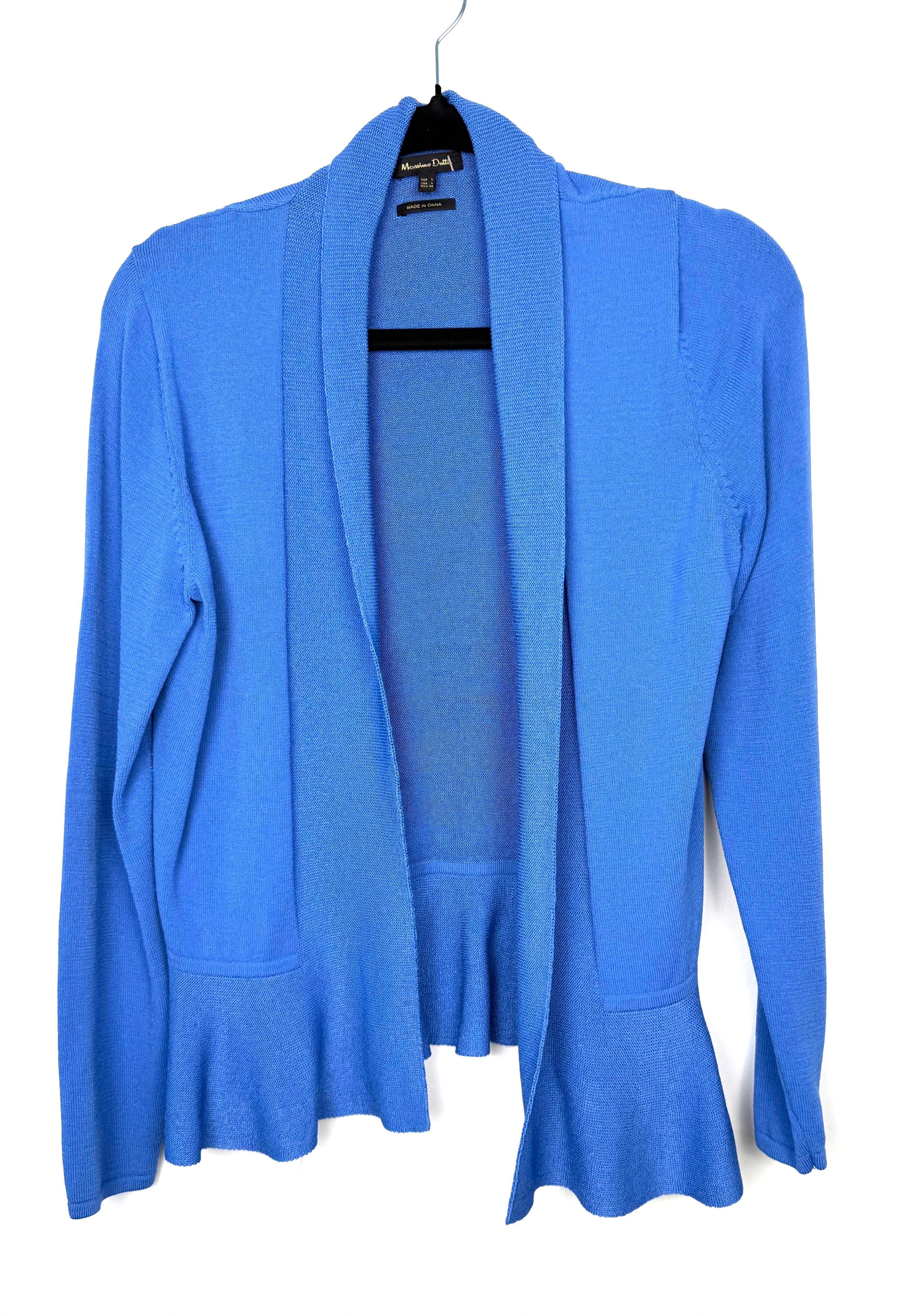 Massimo Dutti blue peplum knit cardigan minimalist open front sweater in cornflower blue with peplum waist 