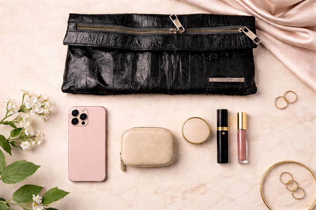 Matt & Nat Black Vegan Leather Clutch Bag at Blue Sparrow Shop with makeup, phone
