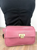 Matt & Nat Pink Belt Bag | Vegan Leather Crossbody Sling front view with gold buckle on studio 901 bag 