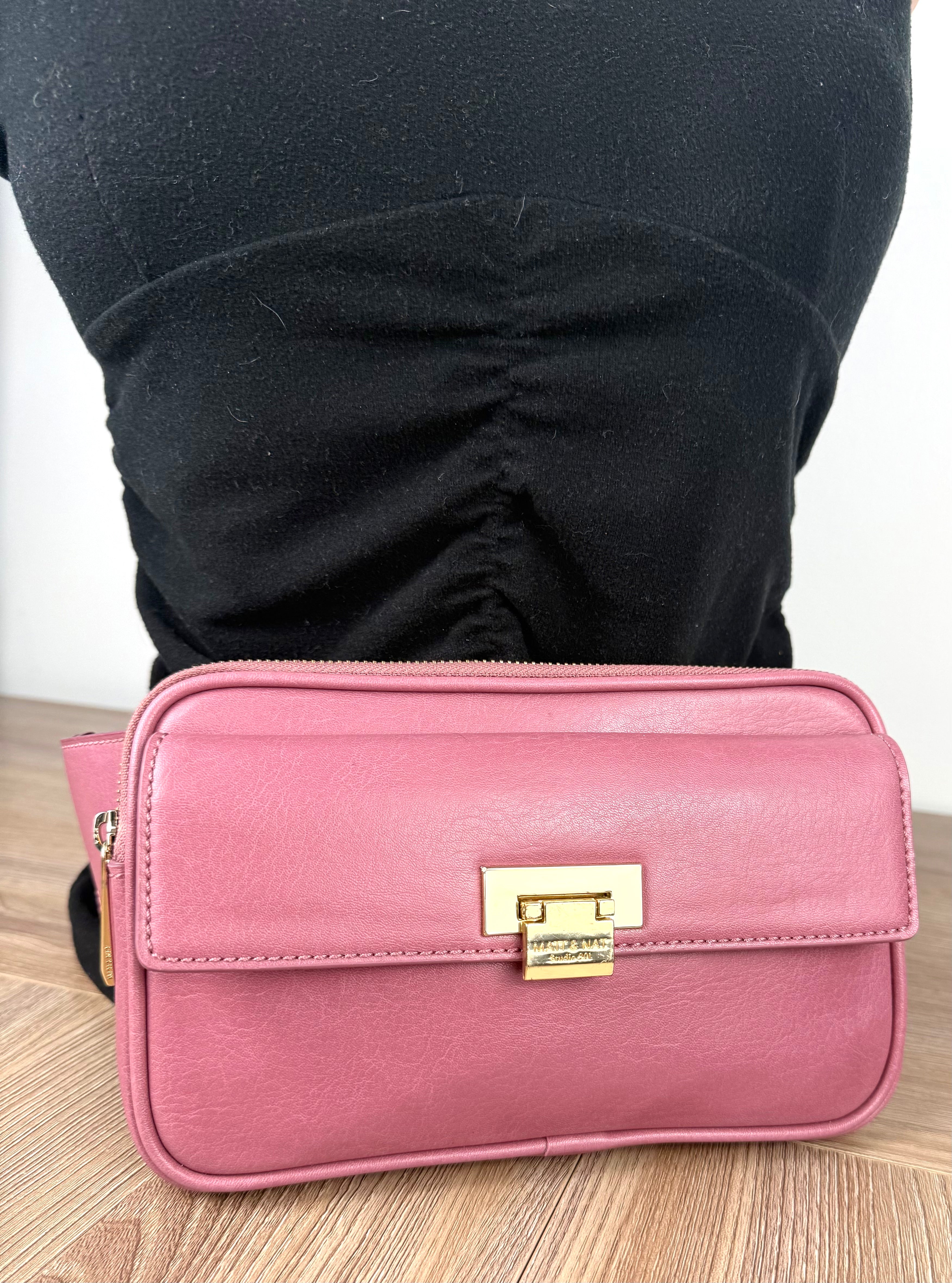 Matt & Nat Pink Belt Bag | Vegan Leather Crossbody Sling front view with gold buckle on studio 901 bag 