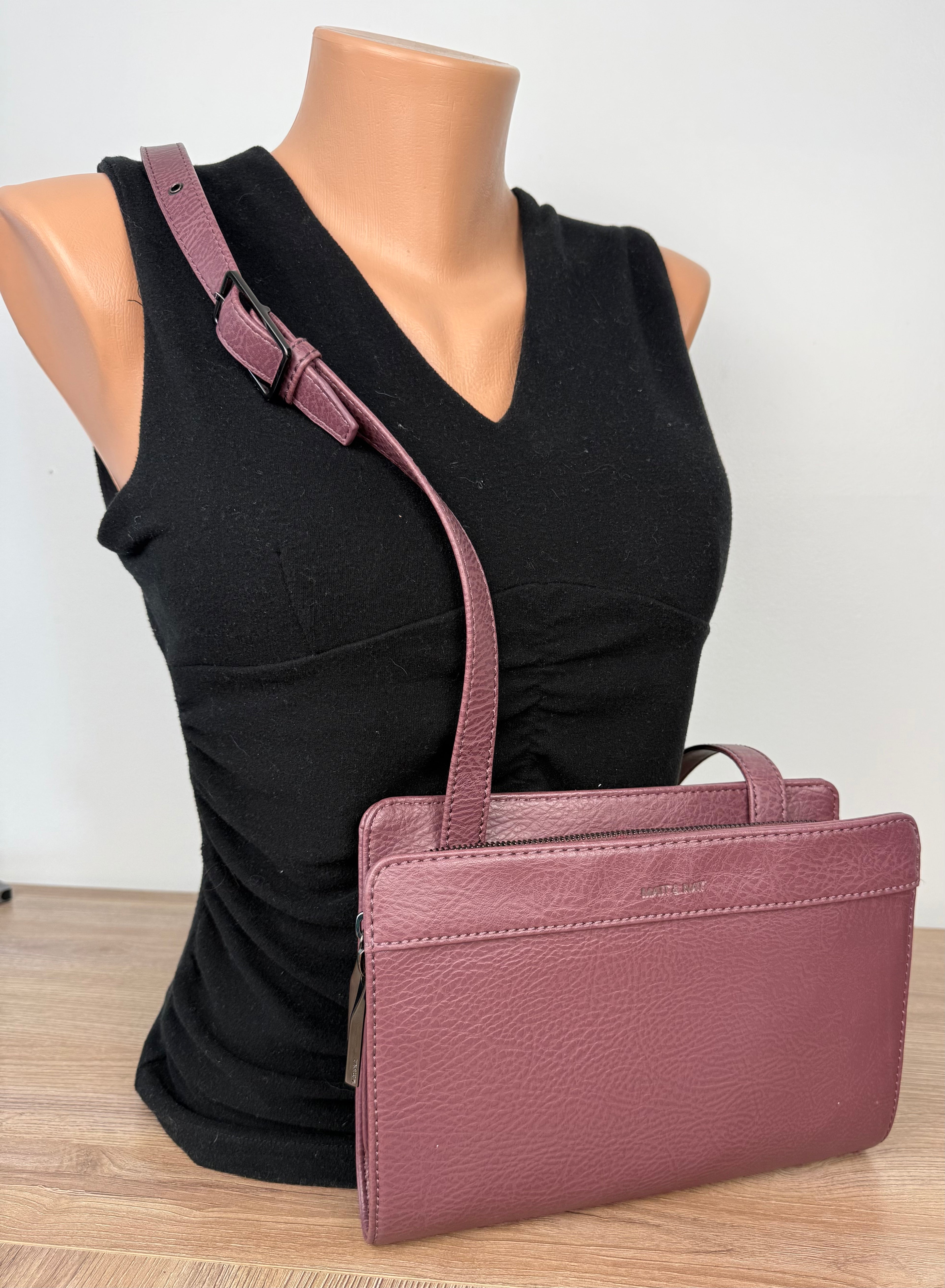Matt & Nat Vegan Leather Crossbody Bag at Blue Sparrow Shop on mannequin to show size