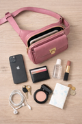 Matt & Nat Vegan Leather Crossbody Bag at Blue Sparrow Shop on flatlay  with phone, keys, makeup