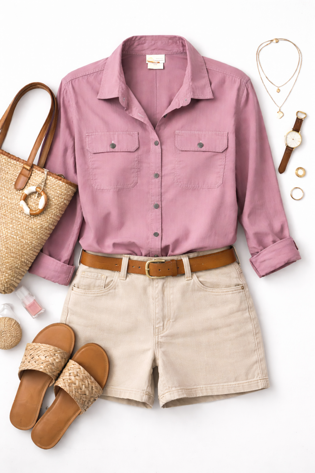 Dickies for women Button Down Shirt | Size L at Blue Sparrow Shop flatlay with shorts, bag, sandals