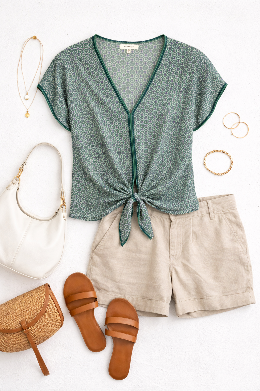 Max Studio Tie Front Blouse | Size M at Blue Sparrow Shop on flatlay with shorts, sandals, purses